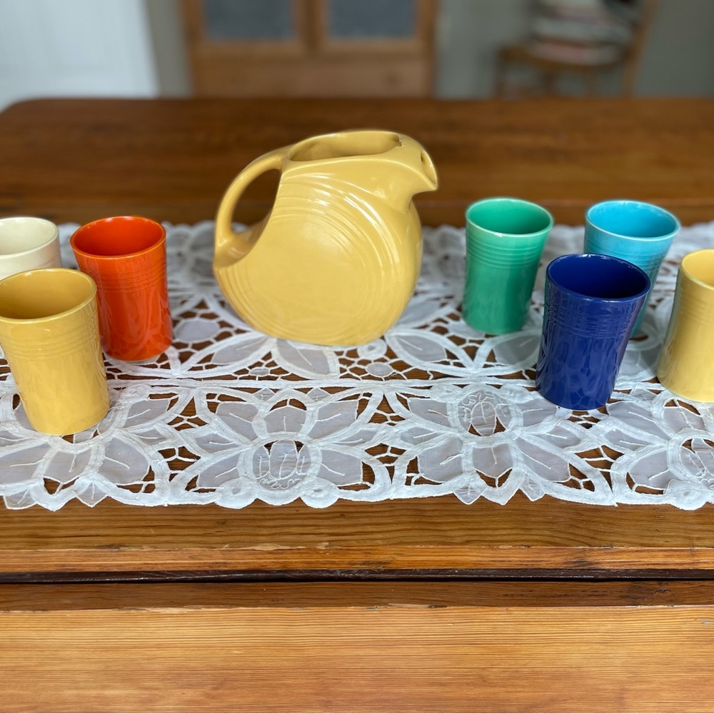 Vintage Fiesta Juice Pitcher & 7 Tumblers